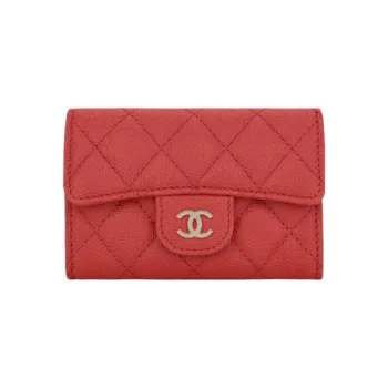 CHANEL Litchi Grain Cow Leather Card Holder Women's Red