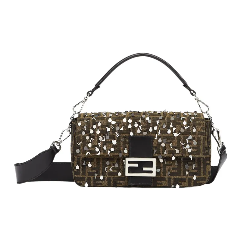 FENDI Baguette Calfskin With Polyester And Cotton Shoulder Bag, Crossbody Bag, Handbag Regular Men's Brown-0