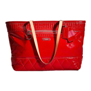 COACH POPPY Patent Leather Tote Bag Shopping Bag Shoulder Bag Handbag Large Size Women's Red