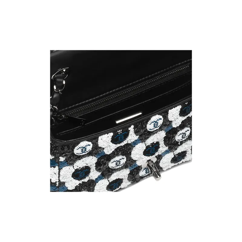 CHANEL Sequins Flap Bag, Crossbody Bag, Shoulder Bag Trumpets Women's Black & White & Blue-2