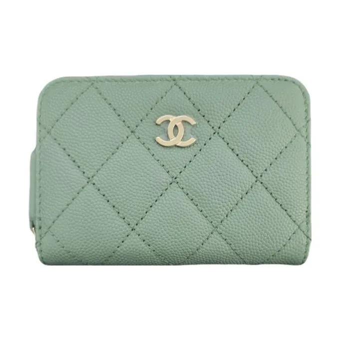 CHANEL Caviar Bright Calfskin Wallet Coin Purse Women's Light Green-0
