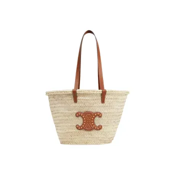CELINE Triomphe Palm Leaf With Cow Leather Trim Basket Bag, One Shoulder Handbag Medium Size Women's Brown