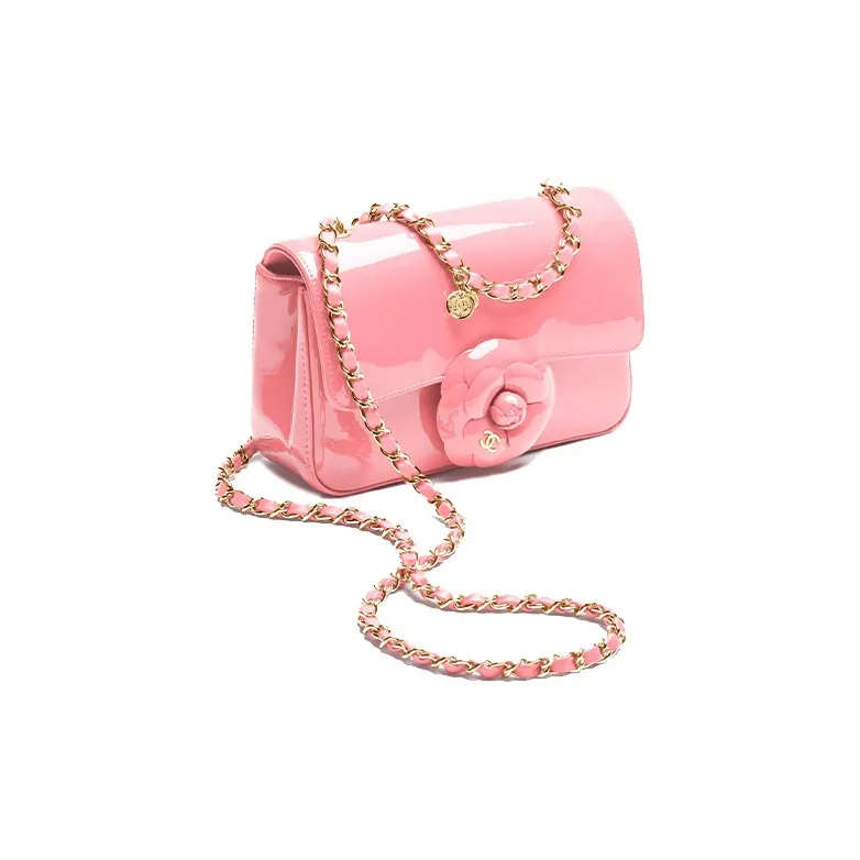 CHANEL Gold Coin Collection Calf Patent Leather Camellia Flap Bag, Crossbody Bag, Shoulder Bag Trumpets Women's Pink-1