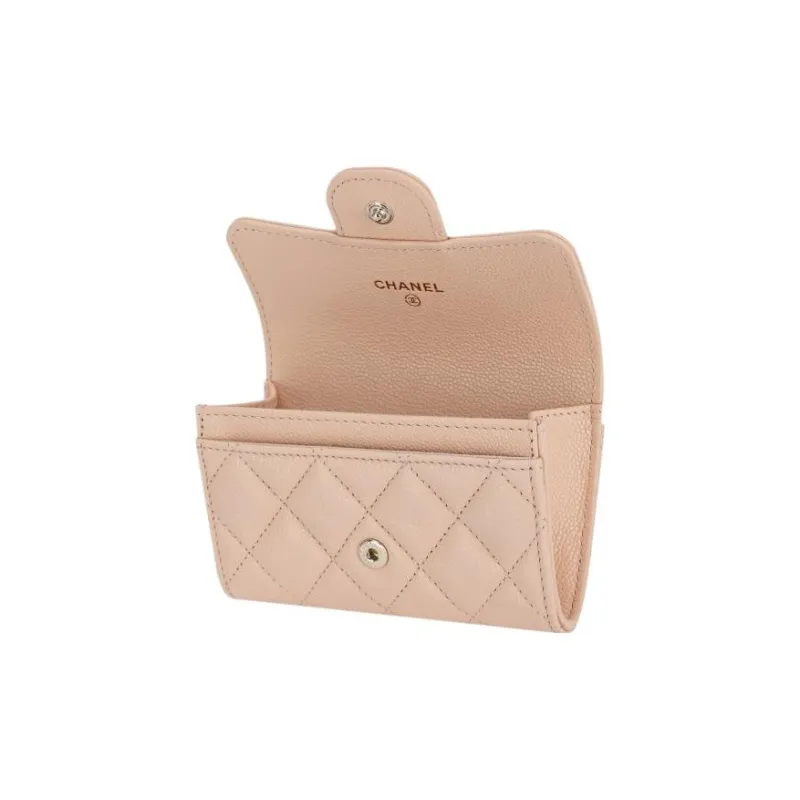 CHANEL Litchi Grain Calfskin Card Holder, Coin Purse, Wallet Trumpets Women's Light Beige-2