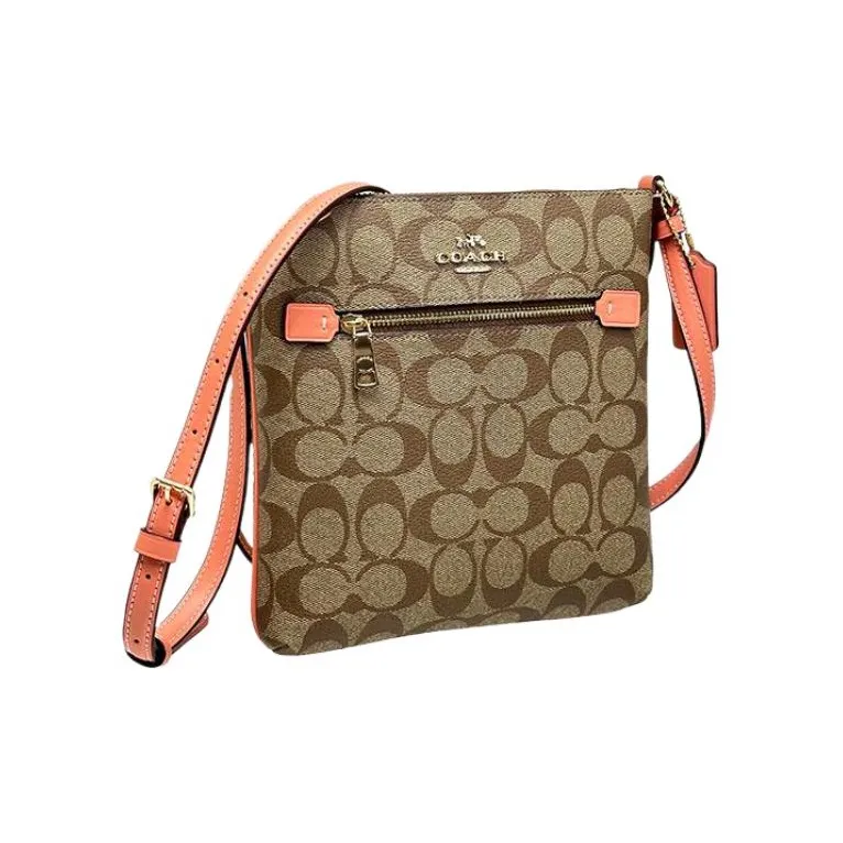 COACH Rowan Canvas With Leather Document Bag, Shoulder Bag, Crossbody Bag Trumpets Women's Khaki & Light Coral-3