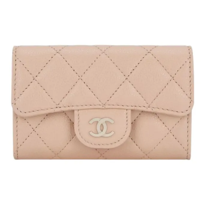 CHANEL Litchi Grain Calfskin Card Holder, Coin Purse, Wallet Trumpets Women's Light Beige-0
