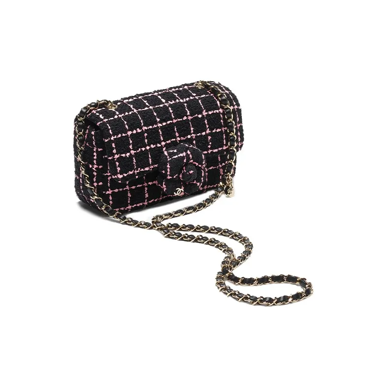 CHANEL Wool Twill Soft Woolen Flap Bag, Crossbody Bag, Shoulder Bag Women's Black & Pink-1