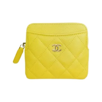 CHANEL Litchi Grain Cow Leather Card Holder Women's Gold