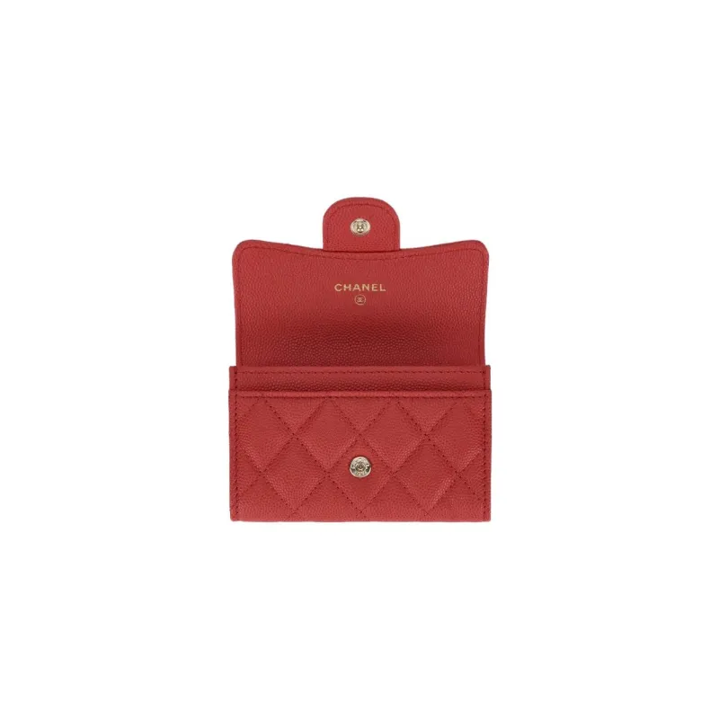 CHANEL Litchi Grain Cow Leather Card Holder Women's Red-2