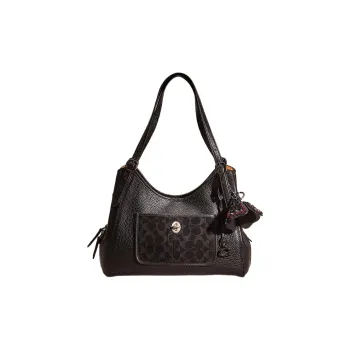 COACH Lori Eggstone Grain Leather Shoulder Bag Handbag Shoulder Bag Large Size Women's Black
