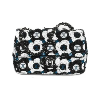 CHANEL Sequins Flap Bag, Crossbody Bag, Shoulder Bag Small Size Women's Black & White & Blue