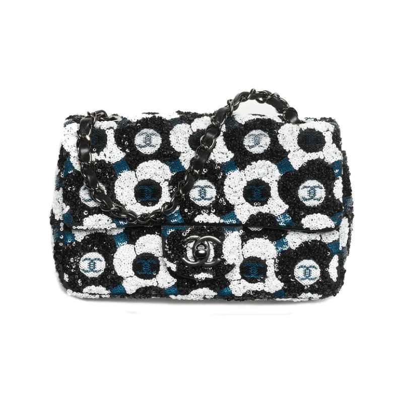 CHANEL Sequins Flap Bag, Crossbody Bag, Shoulder Bag Trumpets Women's Black & White & Blue-0
