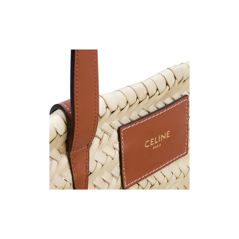 CELINE Triomphe Palm Leaf With Cow Leather Trim Basket Bag, One Shoulder Handbag Medium Size Women's Brown-4