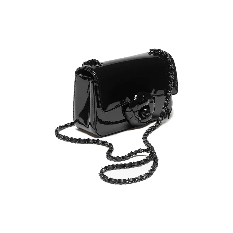 CHANEL Calf Patent Leather Camellia Flap Bag, Crossbody Bag, Shoulder Bag Trumpets Women's Black-1
