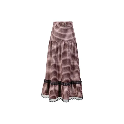 PURSUMMER Casual Long Skirts Women's Red Plaid