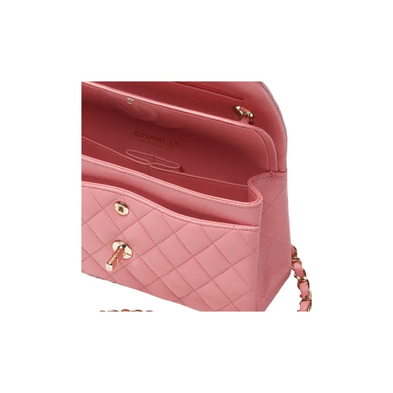 CHANEL Shiny Grain Cow Leather Flap Bag, Shoulder Bag, Crossbody Bag Trumpets Women's Coral Pink Red-3