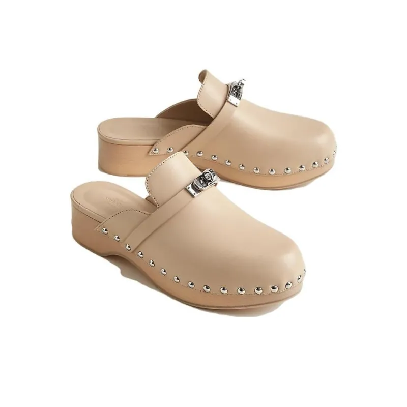 HERMES Carlotta Abrasion-Resistant Wrap-toe Slippers Women's Beige-2