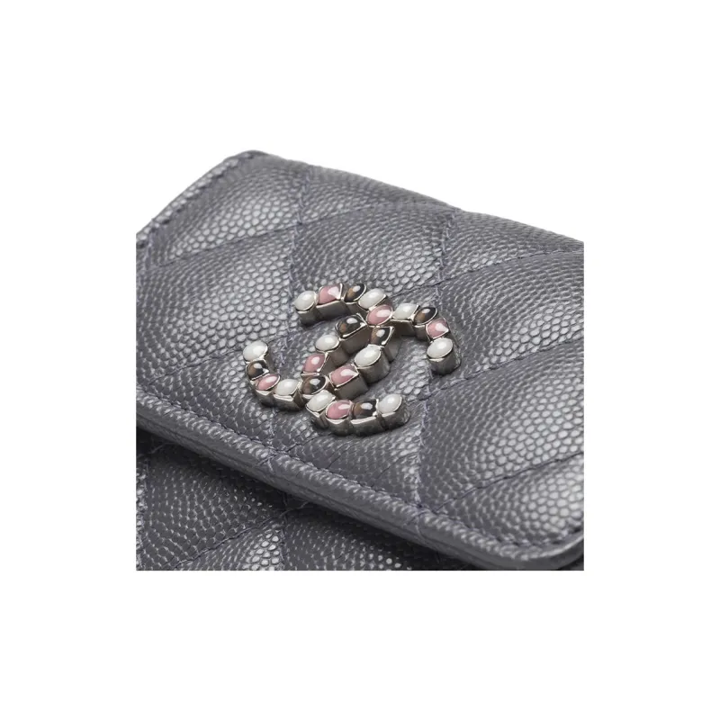 CHANEL Grain Cow Leather Flap Card Holder, Wallet Trumpets Women's Gray-3