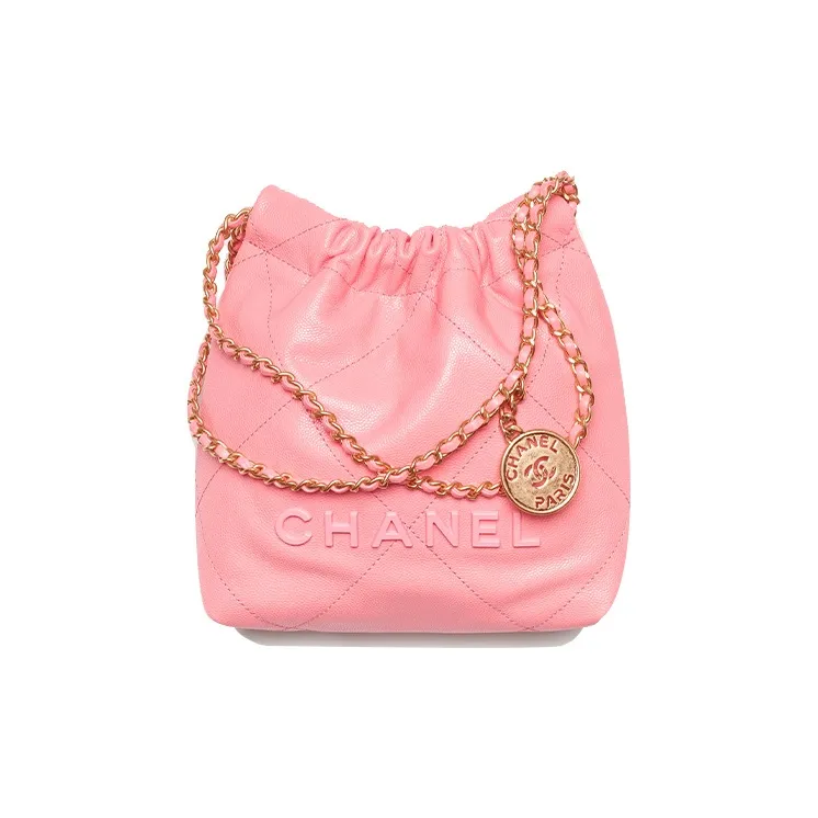 CHANEL 22Bag Shiny Grain Embossed Calfskin & Metal Bucket Bag, Shoulder Bag, Crossbody Bag Mini Women's Coral Pink-0