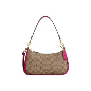 COACH Teri Canvas With Leather Canvas Bag, Shoulder Bag, Handbag, Shoulder Bag Medium Size Women's Purple & Khaki