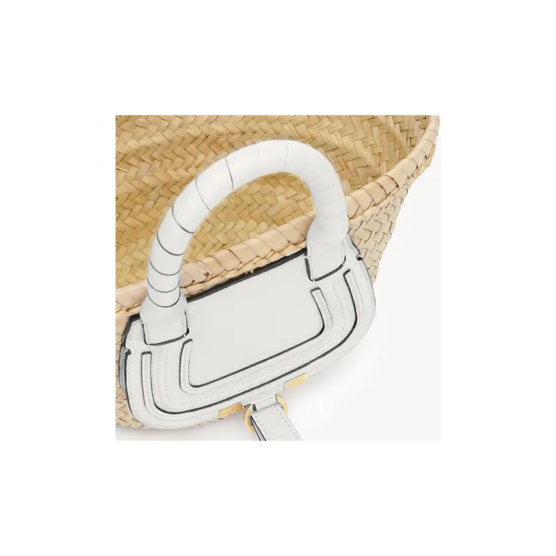 Chloe Marcie Raffia Grained Calfskin Basket Bag Handbag Mini Women's Beige/White-4