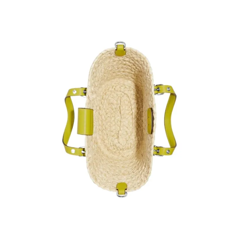 COACH Straw Woven With Leather Tote Bag, Shopping Bag, Tote Handbag Medium Size Women's Light Khaki & Green-1