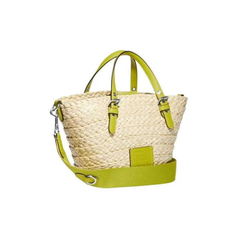COACH Straw Woven With Leather Tote Bag, Shopping Bag, Tote Handbag Medium Size Women's Light Khaki & Green-2