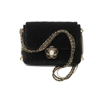 CHANEL Velour Enamel Camellia Snap Closure Flap Bag, Crossbody Bag, Shoulder Bag Mini Women's Black