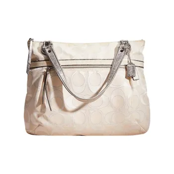 COACH POPPY Metal Contour Signature Cotton Satin Tote Bag Shopping Bag Handbags Large Size Women's White