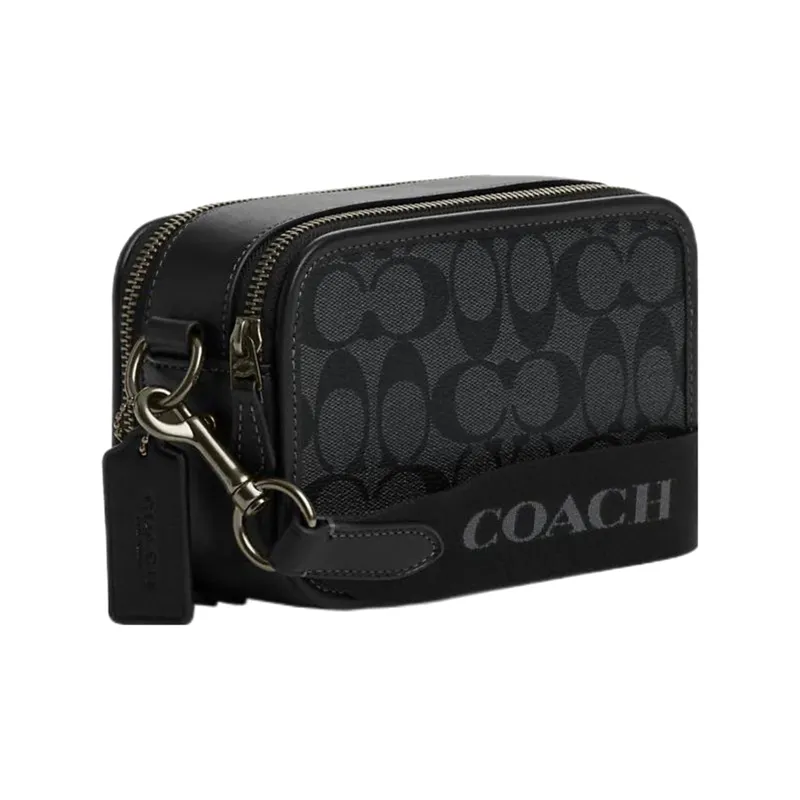 COACH Signature Coated Canvas With Smooth Calfskin Shoulder Bag, Crossbody Bag Men's Black-1