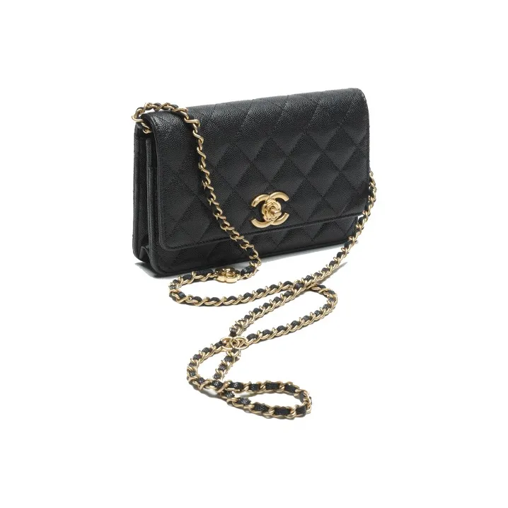 CHANEL Shiny Grain Embossed Calfskin Chain Wallet, Shoulder Bag, Crossbody Bag Women's Black-1