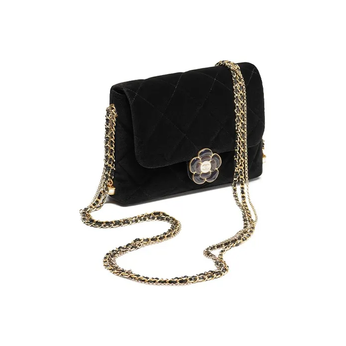 CHANEL Velour Enamel Camellia Snap Closure Flap Bag, Crossbody Bag, Shoulder Bag Mini Women's Black-1
