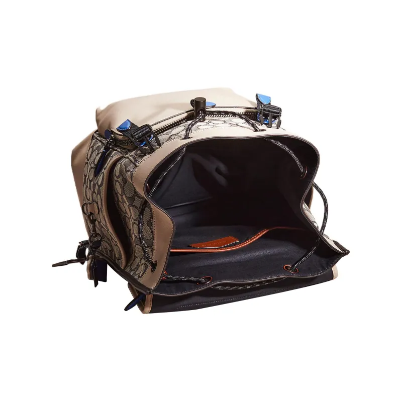 COACH Fabric With Calfskin Backpack Tubas Men's Beige & Marine Blue-2
