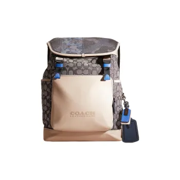 COACH Fabric With Calfskin Backpack Tubas Men's Beige & Marine Blue