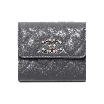 CHANEL Grain Cow Leather Flap Card Holder, Wallet Trumpets Women's Gray