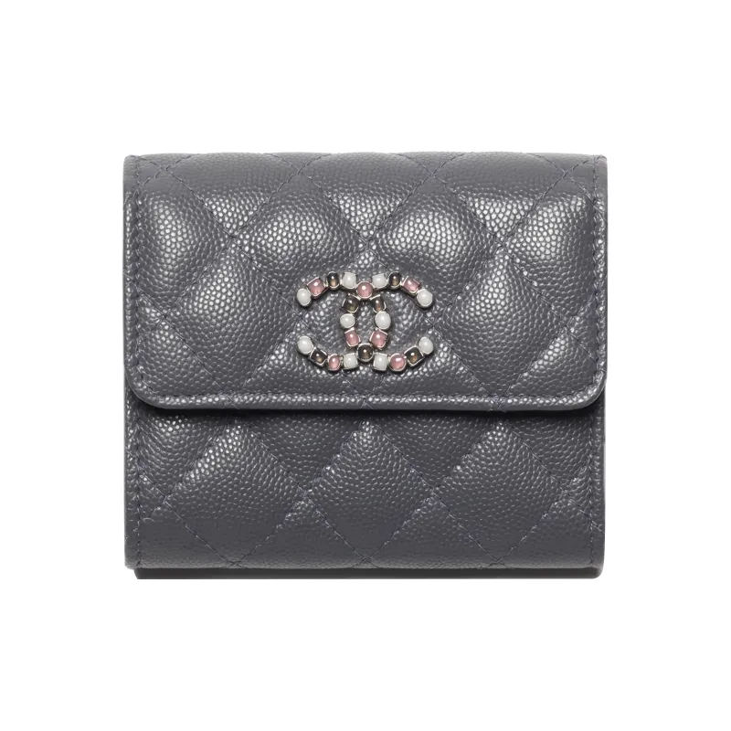 CHANEL Grain Cow Leather Flap Card Holder, Wallet Trumpets Women's Gray-0
