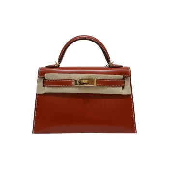 HERMES Mini Kelly Box Leather Kelly Bag Handbag Shoulder Bag Crossbody Bag Mini Women's 36 Brick Red