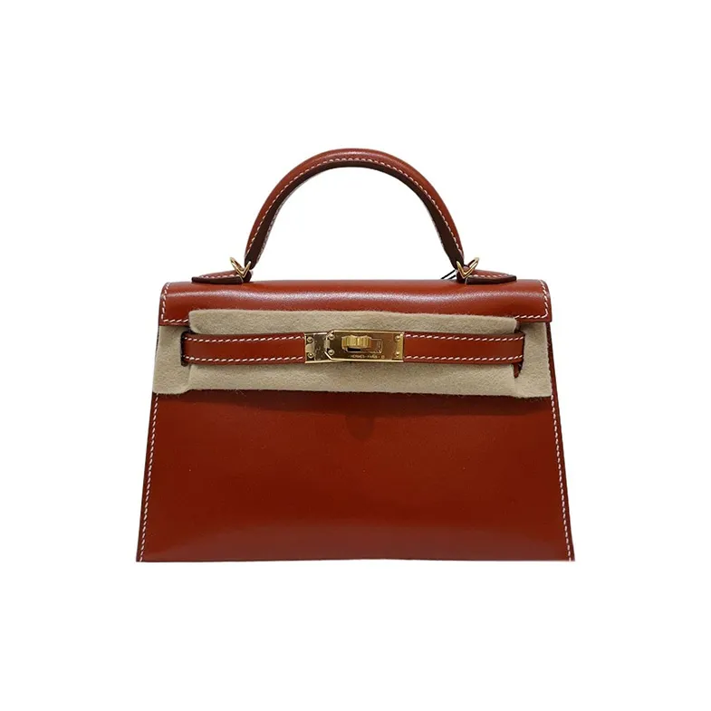 HERMES Mini Kelly Box Leather Kelly Bag Handbag Shoulder Bag Crossbody Bag Mini Women's 36 Brick Red-0