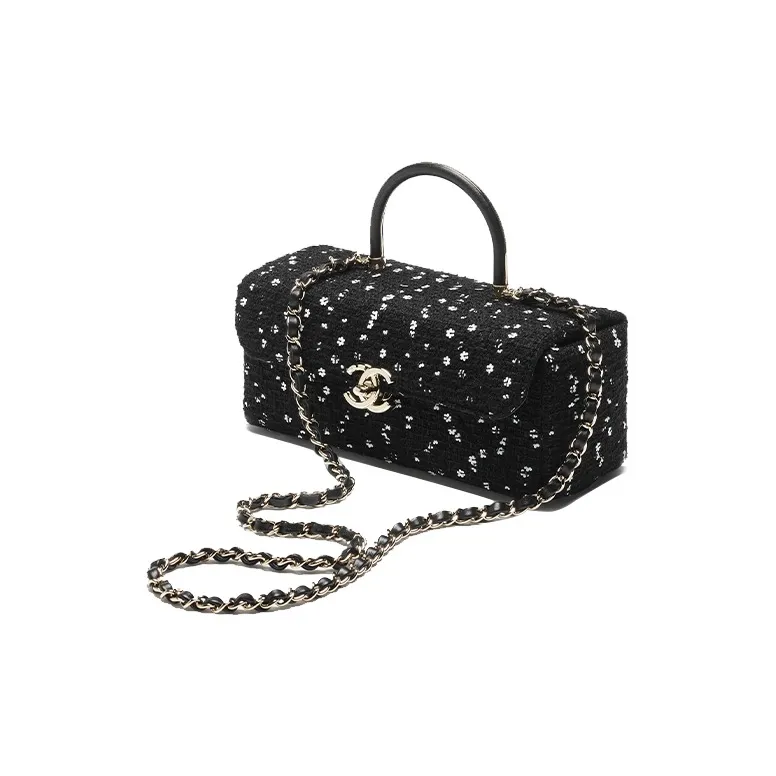 CHANEL Twill Suede Sequins Box Shaped Bag, Shoulder Bag, Crossbody Bag, Handbag Women's Black/White-1