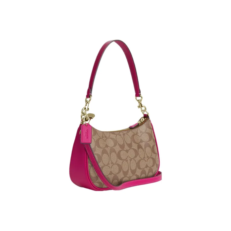 COACH Teri Canvas With Leather Canvas Bag, Shoulder Bag, Handbag, Shoulder Bag Medium Size Women's Purple & Khaki-2
