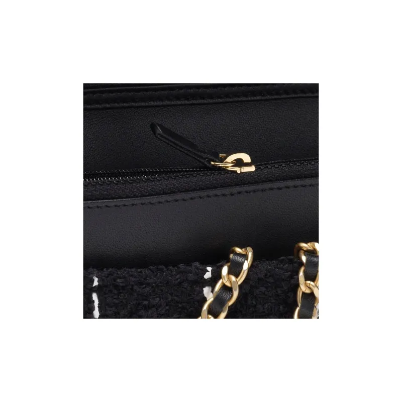 CHANEL Wool Twill Soft Woolen Shoulder Bag, Crossbody Bag Women's Black & White-3