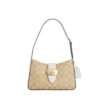 COACH Eliza Signature Coated Canvas With Smooth Leather Handbag Shoulder Bag Women's Milk White & Light Brown