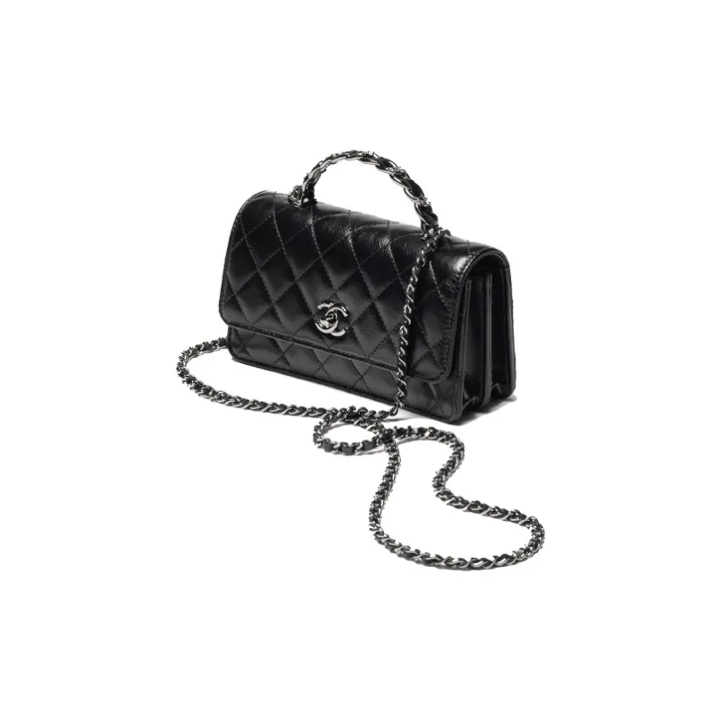 CHANEL Bright Color Wrinkle Calfskin Handheld Shoulder Bag, Crossbody Bag Women's Black-1