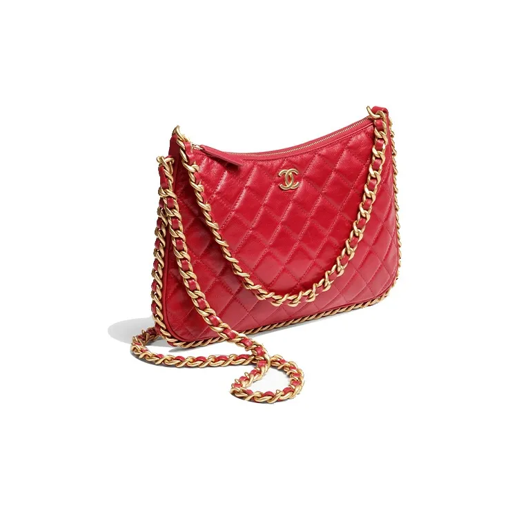 CHANEL Lambskin Hobo Bag, Clutch, Portable Crossbody Bag, Shoulder Bag Tubas Women's Red-1