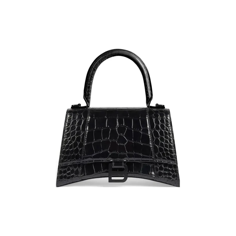 Balenciaga Crocodile Embossed Hourglass Top Handle Small Black-0