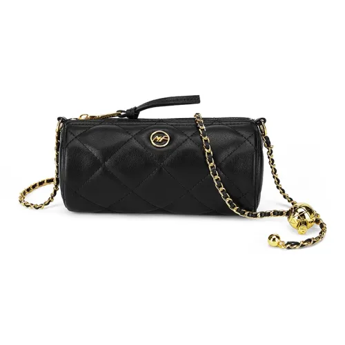 FAIRWHALE Cow Leather Cylinder Bag Chain Shoulder Bag Crossbody Bag Women's Black/Ecru
