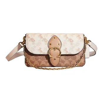 COACH Beat Coated Canvas With Leather Baguette Bag, Shoulder Bag, Crossbody Bag Trumpets Women's Tan & Taupe