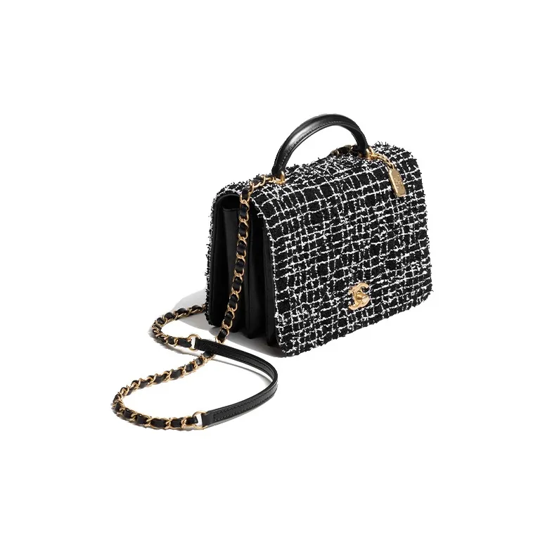 CHANEL Twill Soft Felt With Lambskin Flap Bag, Shoulder Bag, Crossbody Bag, Handbag Trumpets Women's Black & White-1