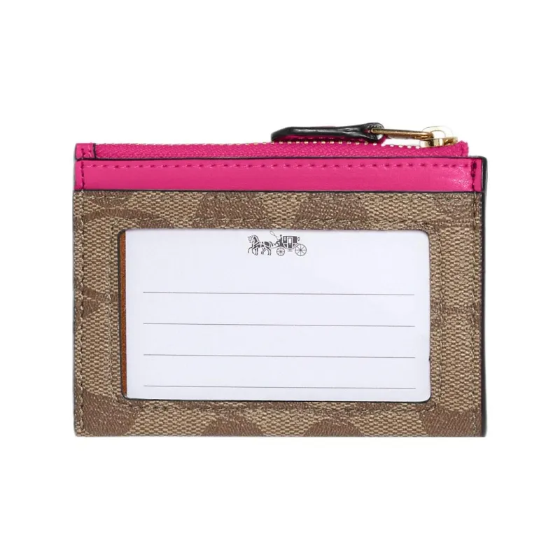 COACH Mini Id Skinny Coated Canvas With Smooth Leather Document Wallet Card Holder Regular Women's Brown & Cherry Red-1