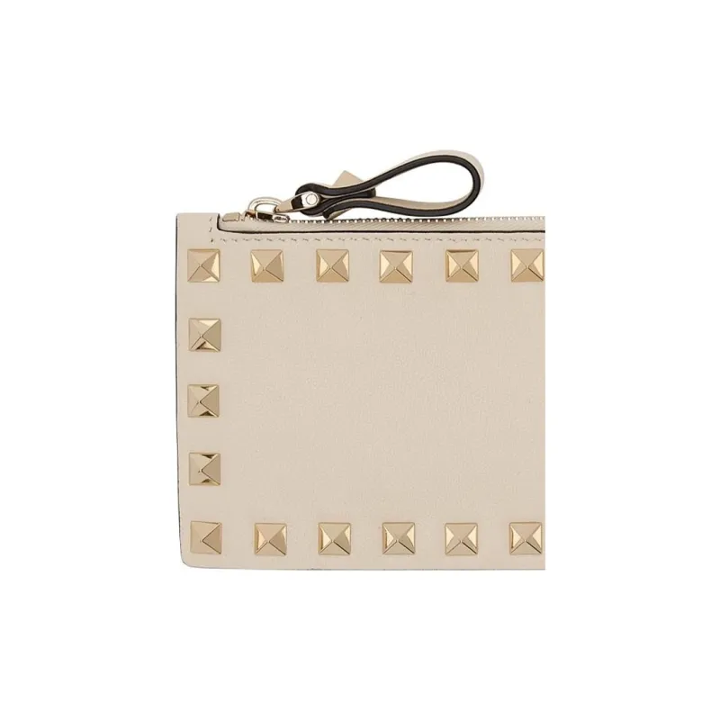Valentino ROCKSTUD Polished Calfskin Coin Purse Card Holder, Wallet Women's Light Ivory-3